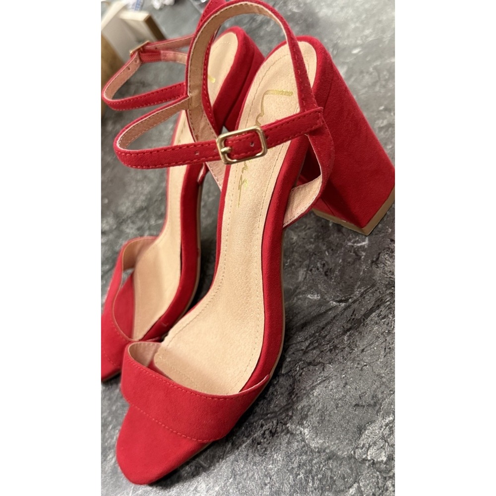 Lulus Womens Faux Suede Ankle Strap Block Heels Red Sz 8 - Picture 4 of 8